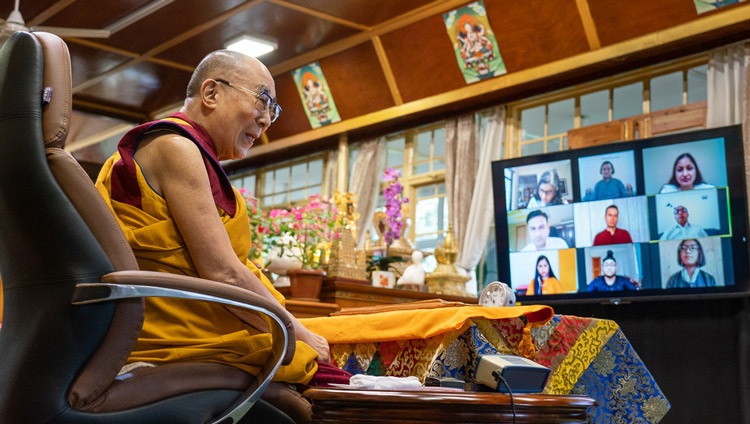 His Holiness the Dalai Lama answering questions from the virtual audience on the third day of his teachings by video link from his residence in Dharamsala, HP, India on July 19, 2020. Photo by Ven Tenzin Jamphel His Holiness the Dalai Lama answering questions from the virtual audience on the third day of his teachings by video link from his residence in Dharamsala, HP, India on July 19, 2020. Photo by Ven Tenzin Jamphel