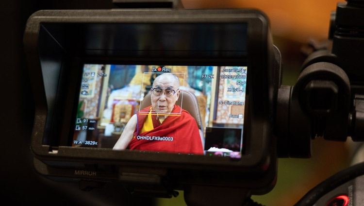 A view from the camera as His Holiness the Dalai Lama speaks to students from Indian educational institutions from his residence in Dharamsala, HP, India on July 29, 2020. Photo by Ven Tenzin Jamphel