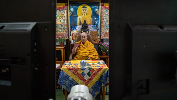 His Holiness the Dalai Lama speaking by video link on the first day of his teachings for Tibetan youth from his residence in Dharamsala, HP, India on August 4, 2020. Photo by Ven Tenzin Jamphel