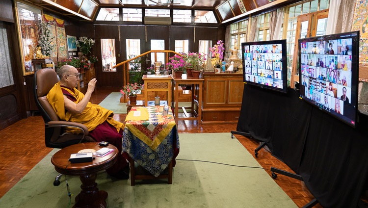 His Holiness the Dalai Lama speaking on the first day of his teachings on ‘In Praise of Dependent Arising’ requested by young Tibetans by video link from his residence in Dharamsala, HP, India on August 4, 2020. Photo by Ven Tenzin Jamphel