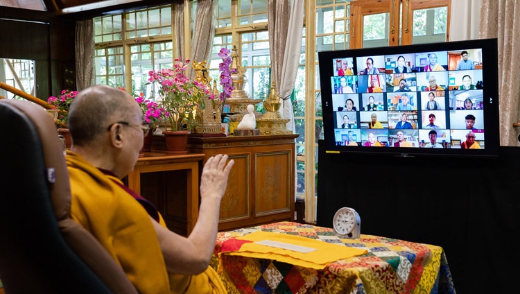 His Holiness the Dalai Lama speaking by video link on the first day of his teachings for young Tibetans from his residence in Dharamsala, HP, India on August 4, 2020. Photo by Ven Tenzin Jamphel