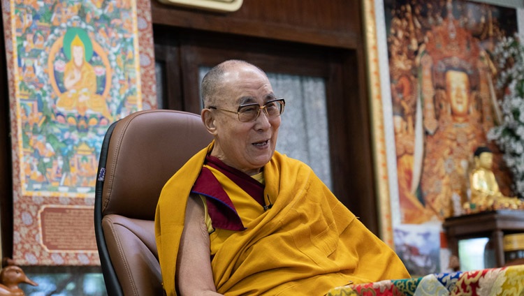 His Holiness the Dalai Lama sharing a light moment on the first day of his teachings for Tibetan youth by video link from his residence in Dharamsala, HP, India on August 4, 2020. Photo by Ven Tenzin Jamphel