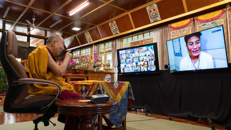 His Holiness the Dalai Lama answering a question on the first day of his teaching for Tibetan youth by video link from his residence in Dharamsala, HP, India on August 4, 2020. Photo by Ven Tenzin Jamphel