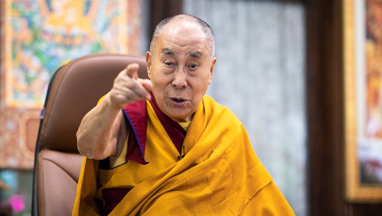 His Holiness the Dalai Lama emphasizing a point as he speaks to young Tibetans by video link from his residence in Dharamsala, HP, India on August 4, 2020. Photo by Tenzin Phuntsok