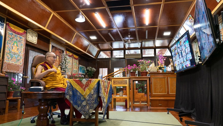 His Holiness the Dalai Lama speaking on the second day of teachings requested by young Tibetans from his residence in Dharamsala, HP, India on August 5, 2020. Photo by Ven Tenzin Jamphel