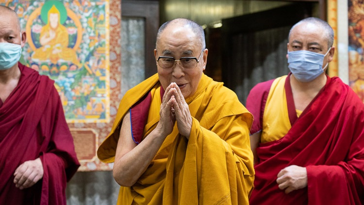 His Holiness the Dalai Lama arriving in his sitting room on the third day of his teaching for Tibetan youth by video link from his residence in Dharamsala, HP, India on August 6, 2020. Photo by Ven Tenzin Jamphel