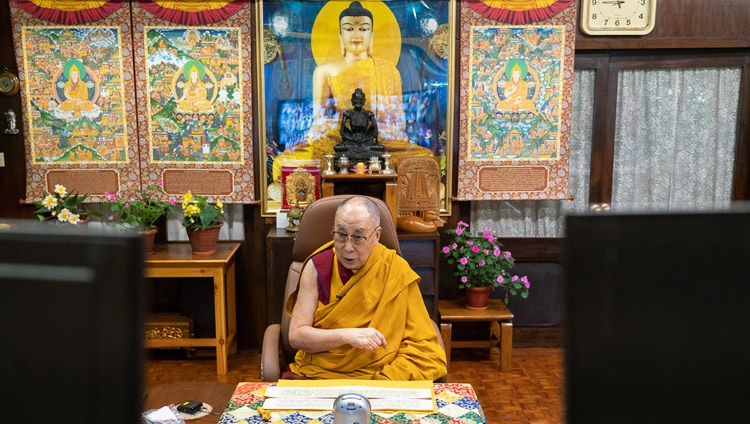 His Holiness the Dalai Lama speaking on the third day of his teachings for young Tibetans by video link from his residence in Dharamsala, HP, India on August 6, 2020. Photo by Ven Tenzin Jamphel