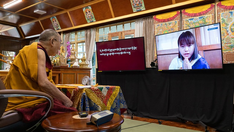 His Holiness the Dalai Lama answering a question during the third day of his teachings for young Tibetans from his residence in Dharamsala, HP, India on August 6, 2020. Photo by Ven Tenzin Jamphel