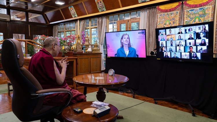 Nancy Lindborg, President and CEO of the United States Institute of Peace (USIP) introducing the dialogue with His Holiness the Dalai Lama on Conflict, COVID and Compassion by video link from his residence in Dharamsala, HP, India on August 12, 2020. Photo by Ven Tenzin Jamphel