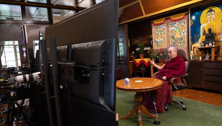 His Holiness the Dalai Lama speaking to the virtual audience of USIP Generation Change Fellows from his residence in Dharamsala, HP, India on August 12, 2020. Photo by Ven Tenzin Jamphel