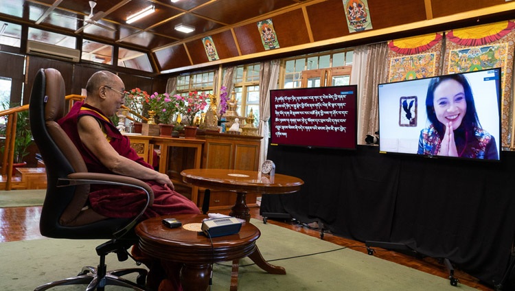 A USIP Generation Change Fellow asking His Holiness the Dalai Lama a question during their dialogue by video link from his residence in Dharamsala, HP, India on August 12, 2020. Photo by Ven Tenzin Jamphel