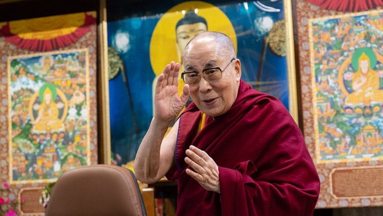 His Holiness the Dalai Lama waving to members of the virtual audience as he arrives for his talk on Secular Ethics in Modern Education by video link from his residence in Dharamsala, HP, India on August 25, 2020. Photo by Ven Tenzin Jamphel His Holiness the Dalai Lama waving to members of the virtual audience as he arrives for his talk on Secular Ethics in Modern Education by video link from his residence in Dharamsala, HP, India on August 25, 2020. Photo by Ven Tenzin Jamphel