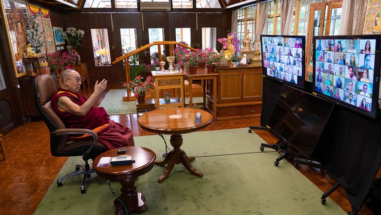 His Holiness the Dalai Lama speaking on Secular Ethics in Modern Education to members of Mind Mingle by video link from his residence in Dharamsala, HP, India on August 25, 2020. Photo by Ven Tenzin Jamphel His Holiness the Dalai Lama speaking on Secular Ethics in Modern Education to members of Mind Mingle by video link from his residence in Dharamsala, HP, India on August 25, 2020. Photo by Ven Tenzin Jamphel