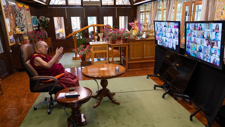 His Holiness the Dalai Lama speaking on Secular Ethics in Modern Education to members of Mind Mingle by video link from his residence in Dharamsala, HP, India on August 25, 2020. Photo by Ven Tenzin Jamphel