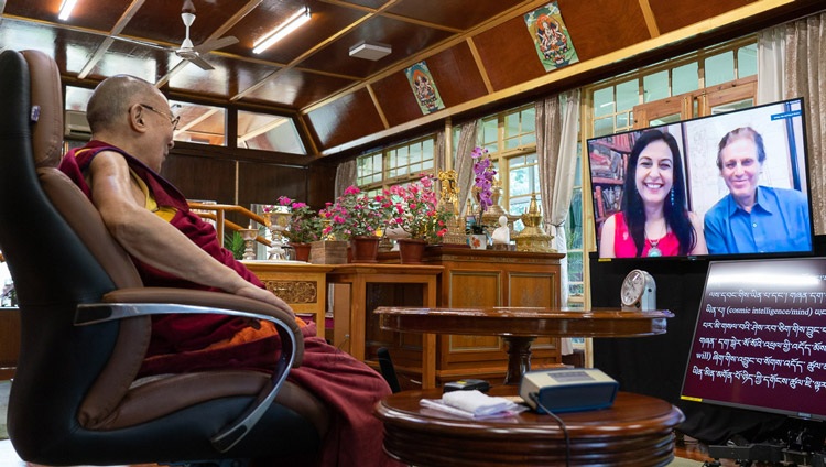 His Holiness the Dalai Lama answering a question from a member of the virtual audience during his talk on Secular Ethics in Modern Education from his residence in Dharamsala, HP, India on August 25, 2020. Photo by Ven Tenzin Jamphel His Holiness the Dalai Lama answering a question from a member of the virtual audience during his talk on Secular Ethics in Modern Education from his residence in Dharamsala, HP, India on August 25, 2020. Photo by Ven Tenzin Jamphel
