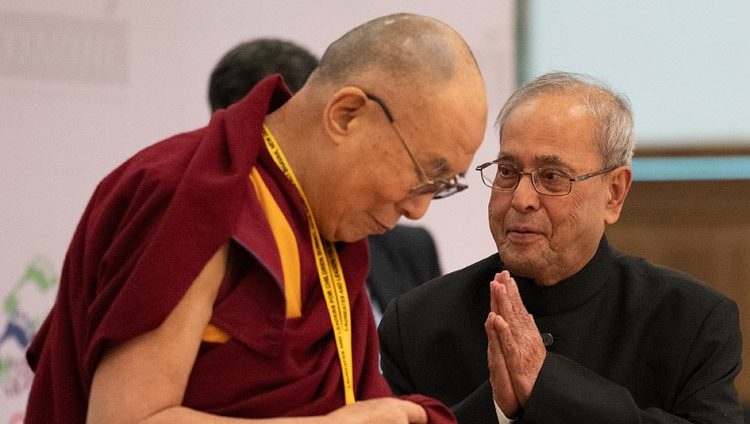 His Holiness the Dalai Lama and President of India Pranab Mukherjee at the Laureates and Leaders for Children Summit at the Rashtrapati Bhavan Cultural Centre in New Delhi, India on December 10, 2016. Photo by Tenzin Choejor