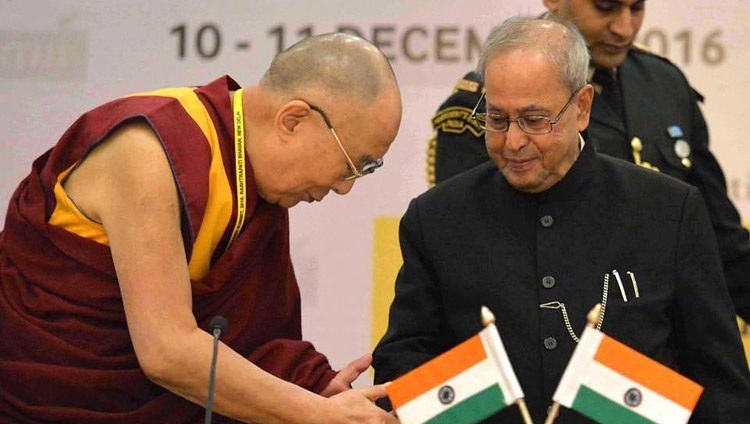 His Holiness the Dalai Lama and President of India Pranab Mukherjee at the Laureates and Leaders for Children Summit at the Rashtrapati Bhavan Cultural Centre in New Delhi, India on December 10, 2016.