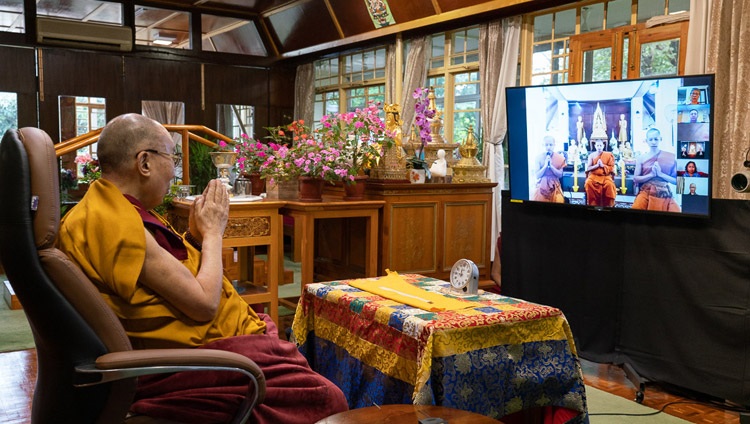 Monks from Thailand reciting the 'Mangala Sutta' in Pali at the start of the first day or teachings by His Holiness the Dalai Lama from his residence in Dharamsala, HP, India on September 4, 2020. Photo by Ven Tenzin Jamphel