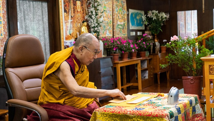 His Holiness the Dalai Lama reading from ‘37 Practices of a Bodhisattva’ on the first day of his teachings by video link from his residence in Dharamsala, HP, India on September 4, 2020. Photo by Ven Tenzin Jamphel