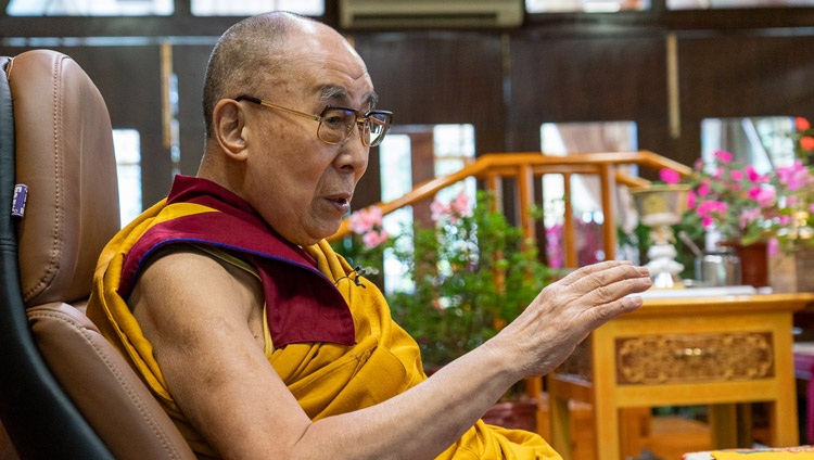 His Holiness the Dalai Lama answering a question from a member of the virtual audience on the second day of teachings requested by Asian Buddhists by video link from his residence in Dharamsala, HP, India on September 5, 2020. Photo by Ven Tenzin Jamphel