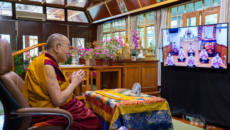 Students at the White Tara Buddhist Center in Jakarta chanting the ‘Heart Sutra’ in Indonesian at the start of the third day of His Holiness the Dalai Lama's teachings from his residence in Dharamsala, HP, India on September 6, 2020. Photo by Ven Tenzin Jamphel