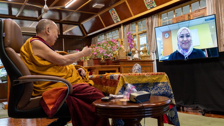 His Holiness the Dalai Lama answering a question from a member of the virtual audience on the third day of teachings by video link from his residence in Dharamsala, HP, India on September 6, 2020. Photo by Ven Tenzin Jamphel