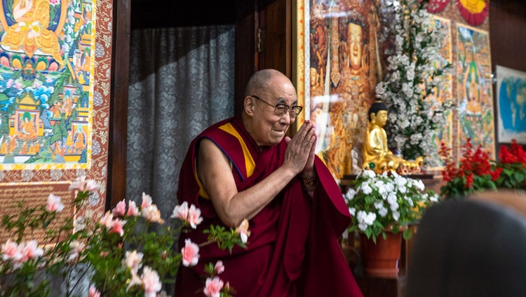 His Holiness the Dalai Lama arriving for his onversation with Eugenio Derbez on Happiness, Humor and Compassion by video link from his residence in Dharamsala, HP, India on September 22, 2020. Photo by Ven Tenzin Jamphel