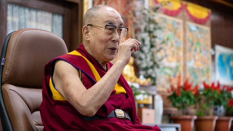 His Holiness the Dalai Lama speaking during his conversation with Eugenio Derbez on Happiness, Humor and Compassion by video link from his residence in Dharamsala, HP, India on September 22, 2020. Photo by Ven Tenzin Jamphel