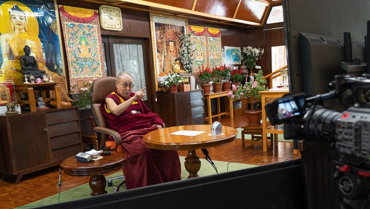 His Holiness the Dalai Lama joining Eugenio Derbez for a virtual conversation on Happiness, Humor and Compassion by video link from his residence in Dharamsala, HP, India on September 22, 2020. Photo by Ven Tenzin Jamphel