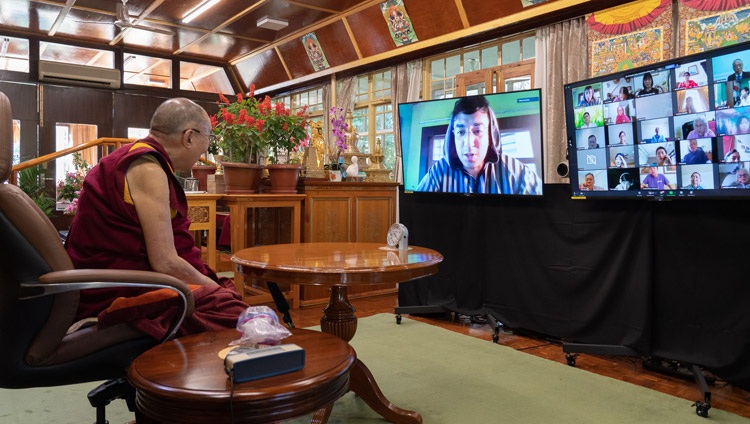 A member of the audience asking His Holiness the Dalai Lama a question during the conversation on Compassion and Mercy — Common Values between Islam and Buddhism from his residence in Dharamsala, HP, India on September 28, 2020. Photo by Ven Tenzin Jamphel A member of the audience asking His Holiness the Dalai Lama a question during the conversation on Compassion and Mercy — Common Values between Islam and Buddhism from his residence in Dharamsala, HP, India on September 28, 2020. Photo by Ven Tenzin Jamphel