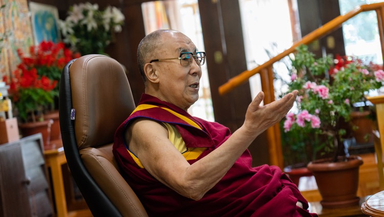His Holiness the Dalai Lama answering a question from the virtual audience during the conversation on Compassion and Mercy — Common Values between Islam and Buddhism from his residence in Dharamsala, HP, India on September 28, 2020. Photo by Ven Tenzin Jamphel His Holiness the Dalai Lama answering a question from the virtual audience during the conversation on Compassion and Mercy — Common Values between Islam and Buddhism from his residence in Dharamsala, HP, India on September 28, 2020. Photo by Ven Tenzin Jamphel