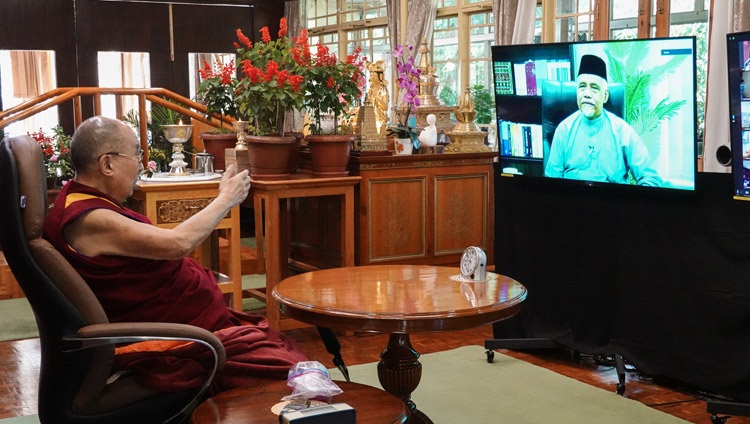 His Holiness the Dalai Lama responding to Professor Emeritus Datuk Osman Bakar during their conversation on Compassion and Mercy — Common Values between Islam and Buddhism from his residence in Dharamsala, HP, India on September 28, 2020. Photo by Ven Tenzin Jamphel