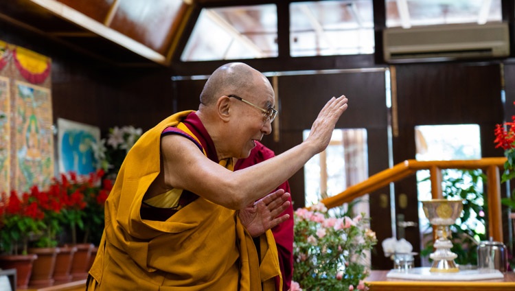 His Holiness the Dalai Lama waving to the virtual audience gathered in Taiwan on the first day of his teachings from his residence in Dharamsala, HP, India on October 2, 2020. Photo by Ven Tenzin Jamphel