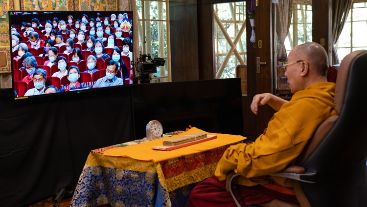 His Holiness the Dalai Lama speaking to the virtual audience on the first day of teachings requested by Taiwanese Buddhists from his residence in Dharamsala, HP, India on October 2, 2020. Photo by Ven Tenzin Jamphel