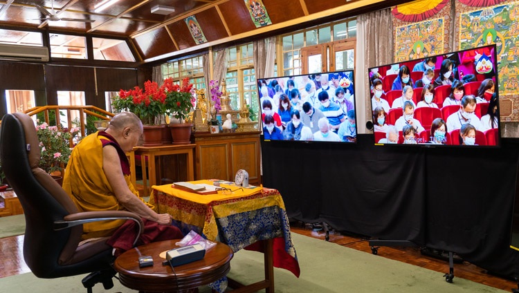 His Holiness the Dalai Lama reading from the ‘Essence of True Eloquence’ on the first day of his virtual teachings requested by Taiwanese Buddhists from his residence in Dharamsala, HP, India on October 2, 2020. Photo by Ven Tenzin Jamphel