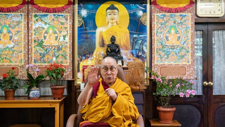 His Holiness the Dalai Lama speaking to the virtual audience on the second day of teachings from his residence in Dharamsala, HP, India on October 3, 2020. Photo by Ven Tenzin Jamphel His Holiness the Dalai Lama speaking to the virtual audience on the second day of teachings from his residence in Dharamsala, HP, India on October 3, 2020. Photo by Ven Tenzin Jamphel