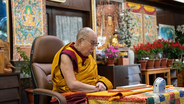 His Holiness the Dalai Lama continuing to read from ‘Essence of True Eloquence’ on the second day of his virtual teachings from his residence in Dharamsala, HP, India on October 3, 2020. Photo by Ven Tenzin Jamphel His Holiness the Dalai Lama continuing to read from ‘Essence of True Eloquence’ on the second day of his virtual teachings from his residence in Dharamsala, HP, India on October 3, 2020. Photo by Ven Tenzin Jamphel