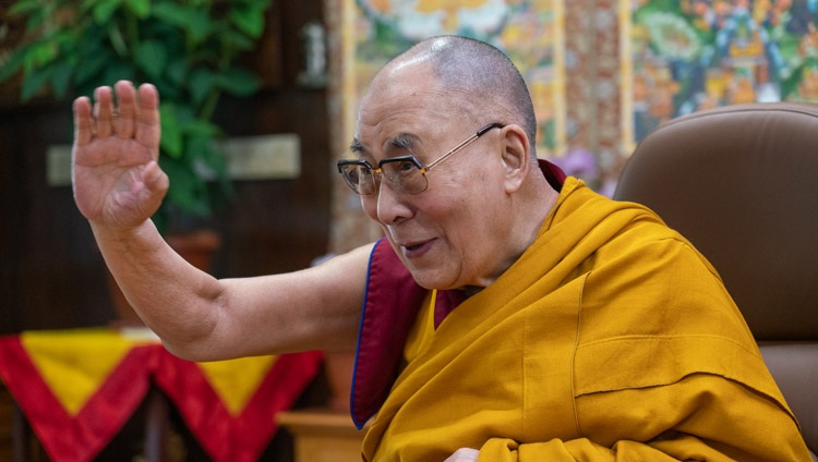 His Holiness the Dalai Lama waving to the virtual audience at the start of the third day of teachings from his residence in Dharamsala, HP, India on October 4, 2020. Photo by Ven Tenzin Jamphel