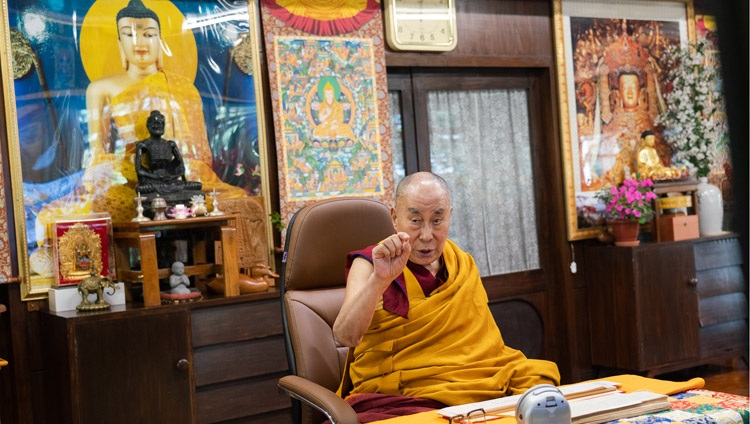 His Holiness the Dalai Lama explaining Tsongkhapa’s ‘Essence of True Eloquence’ on the third day of his virtual teachings from his residence in Dharamsala, HP, India on October 4, 2020. Photo by Ven Tenzin Jamphel