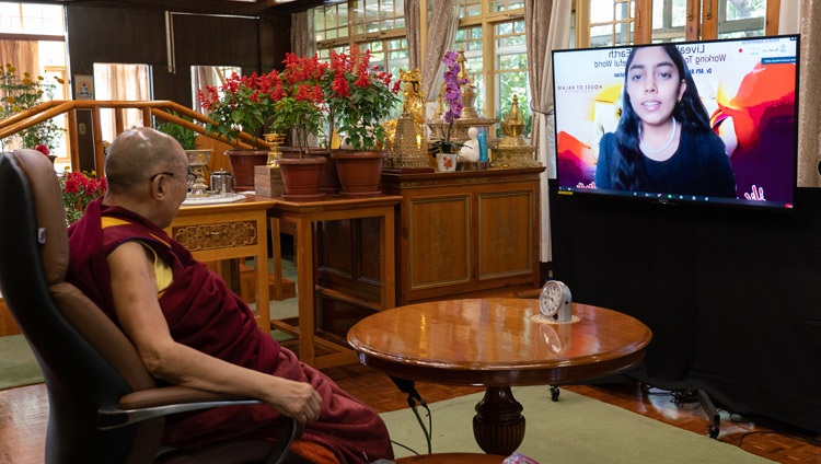 A student asking His Holiness the Dalai Lama a question during his virtual talk on Working Together for a Peaceful World from his residence in Dharamsala, HP, India on October 15, 2020. Photo by Ven Tenzin Jamphel