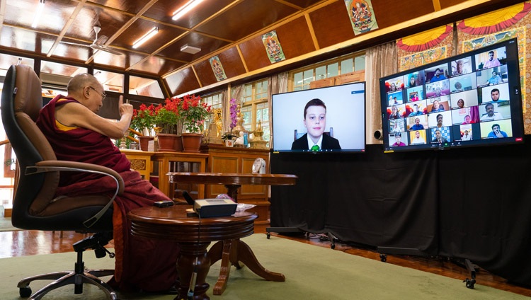 His Holiness the Dalai Lama answering a question from a student during his virtual interaction organized by the Dr APJ Abdul Kalam International Foundation from his residence in Dharamsala, HP, India on October 15, 2020. Photo by Ven Tenzin Jamphel