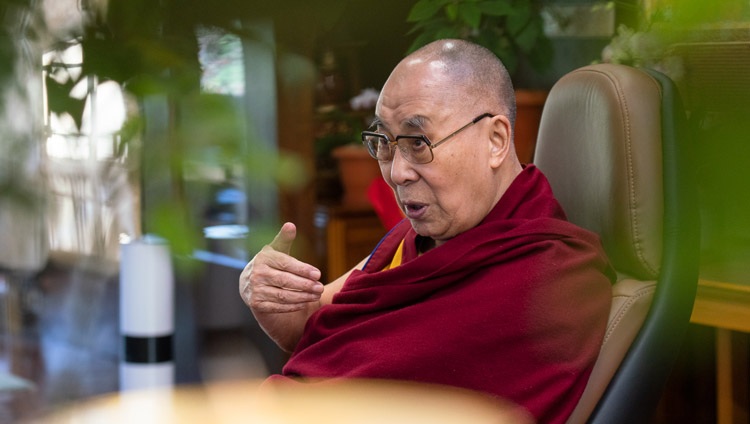 His Holiness the Dalai Lama answering a question from the virtual audience of students from his residence in Dharamsala, HP, India on October 15, 2020. Photo by Ven Tenzin Jamphel