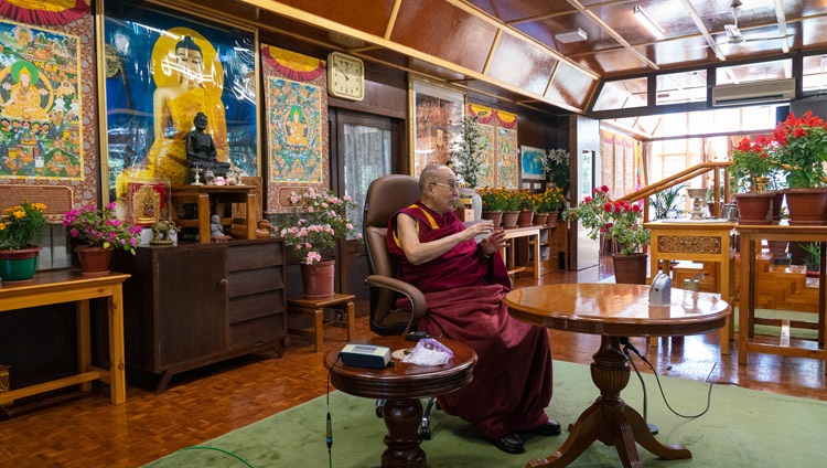 His Holiness the Dalai Lama speaking to a virtual audience at the invitation of the Dr APJ Abdul Kalam International Foundation from his residence in Dharamsala, HP, India on October 15, 2020. Photo by Ven Tenzin Jamphel