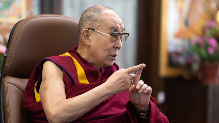 His Holiness the Dalai Lama answering a question from the virtual audience of students during his talk on Working Together for a Peaceful World from his residence in Dharamsala, HP, India on October 15, 2020. Photo by Tenzin Phuntsok