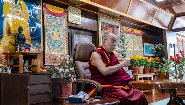 His Holiness the Dalai Lama answering questions from the co-hosts of the virtual discussion organized by EdCamp Ukraine from his residence in Dharamsala, HP, India on October 20, 2020. Photo by Ven Tenzin Jamphel