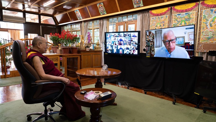 Mr NN Vohra, President of the India International Centre (IIC) delivering his opening remarks as His Holiness the Dalai Lama a watches by video link from his residence in Dharamsala, HP, India on October 26, 2020. Photo by Ven Tenzin Jamphel