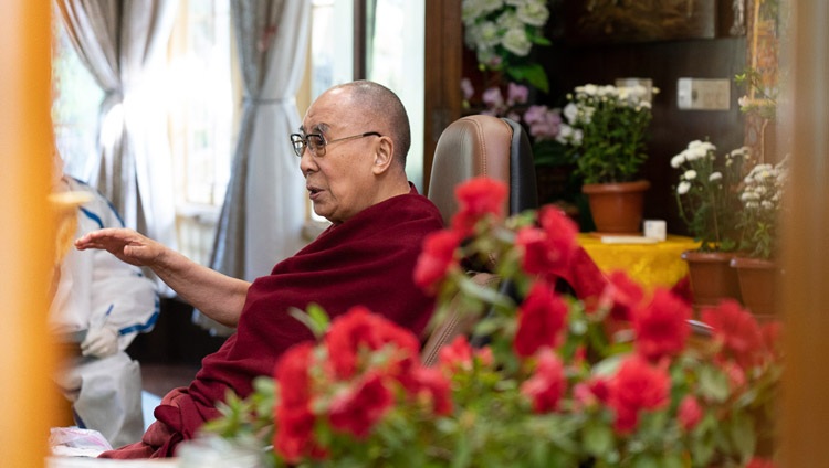 His Holiness the Dalai Lama during his talk on "India's Heritage of Karuna and Ahimsa" by video link from his residence in Dharamsala, HP, India on October 26, 2020. Photo by Ven Tenzin Jamphel