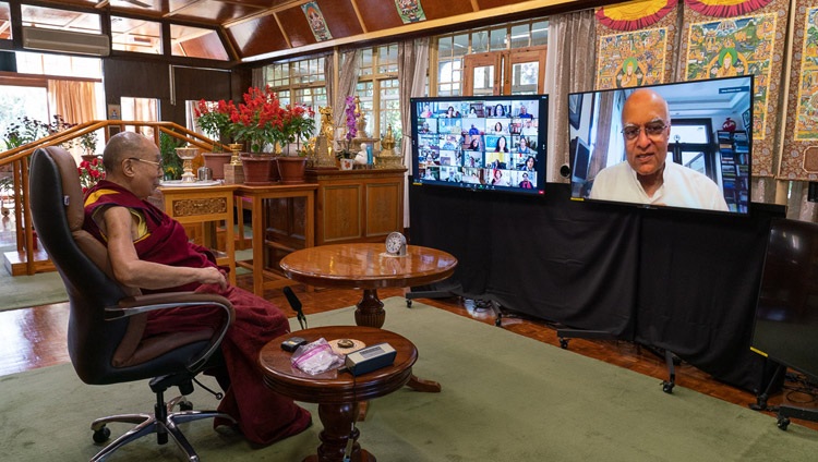 His Holiness the Dala Lama listening to a question posed by former National Security Adviser & Foreign Secretary of India Shivshankar Menon during his virtual talk from his residence in Dharamsala, HP, India on October 26, 2020. Photo by Ven Tenzin Jamphel