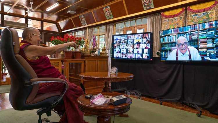 His Holiness the Dalai Lama interacting with Fali Nariman, a senior advocate to the Supreme Court of India, during the question and answer session during his virtual talk on "India's Heritage of Karuna and Ahimsa" from his residence in Dharamsala, HP, India on October 26, 2020. Photo by Ven Tenzin Jamphel