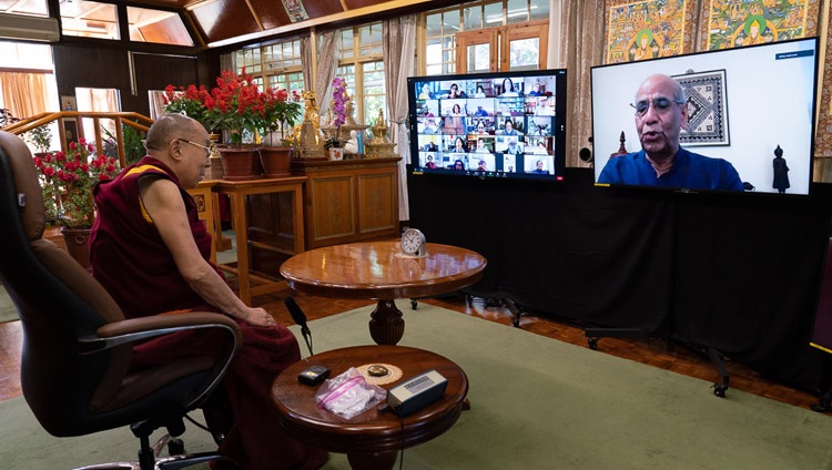 Shyam Saran, former Foreign Secretary of India, asking His Holiness the Dalai Lama a question about emotional hygiene during the virtual talk from His Holiness's residence in Dharamsala, HP, India on October 26, 2020. Photo by Ven Tenzin Jamphel